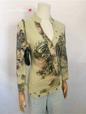 VINTAGE Y2K PARIS IQ BAROQUE LONG SLEEVE STUDDED ASYMMETRICAL V-NECK TOP IN SAGE